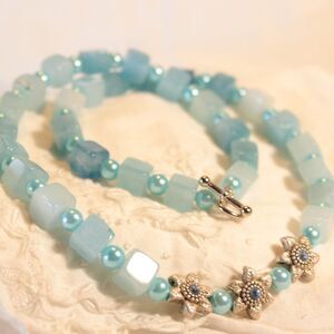 Fairycore Handmade Pastel Blue Cubic Beaded Floral Necklace